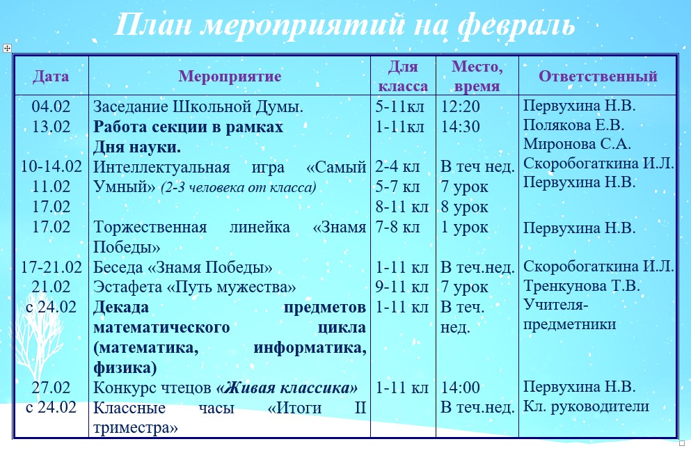 План мероприятий на февраль.